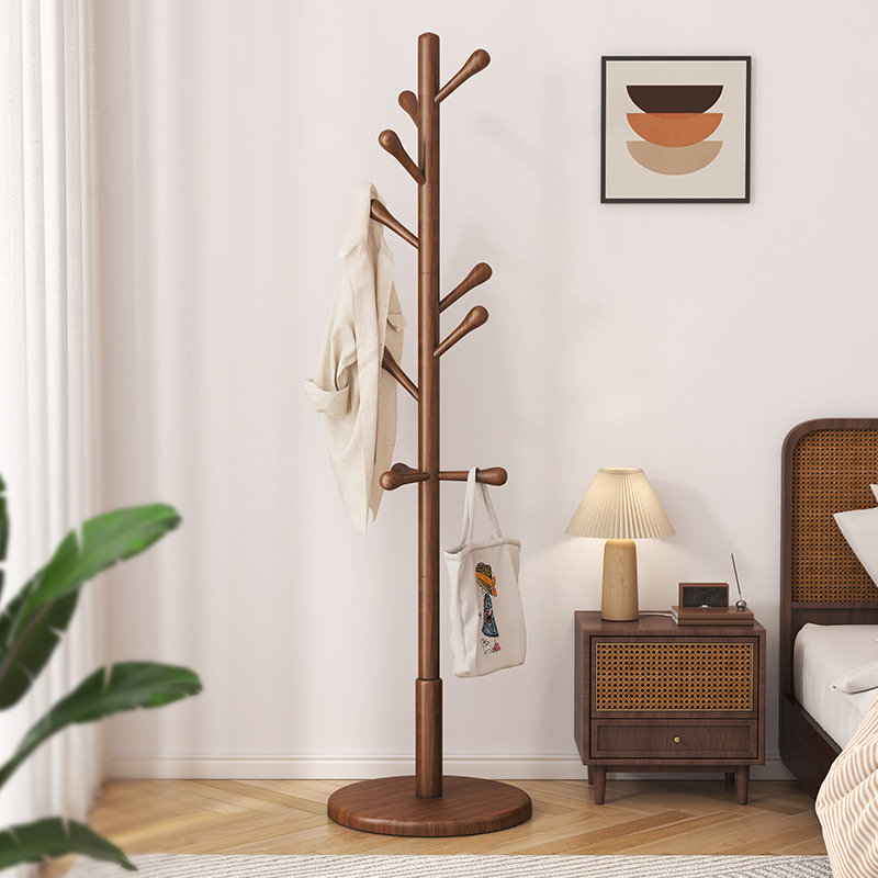 Solid Wood Freestanding Coat Rack, Tree-Style Single-Pole Clothes & Bag Stand for Bedroom and Living Room