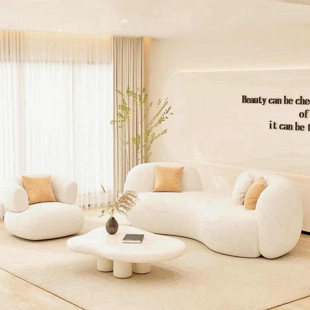 lamb fleece sofa x 1pc & sofa chair x 2pc&Cream-colored tea table x 1pc