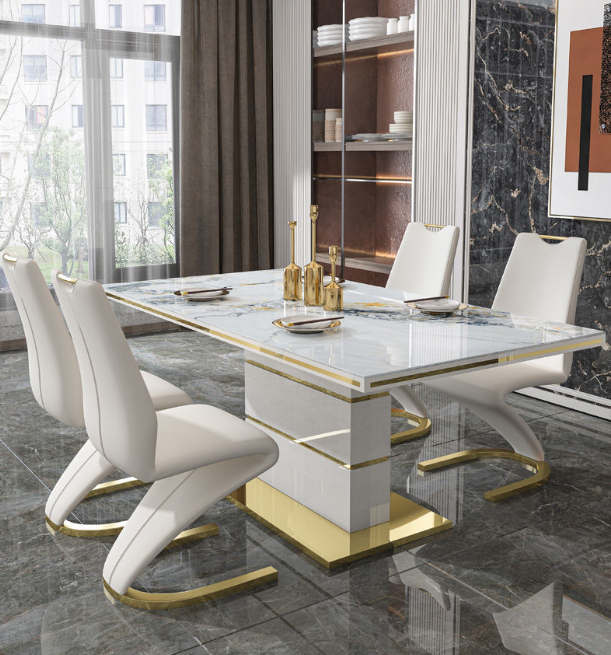 Modern Style Luxury Dining Room Table and 6 Chairs Set with Stone-Marble Top