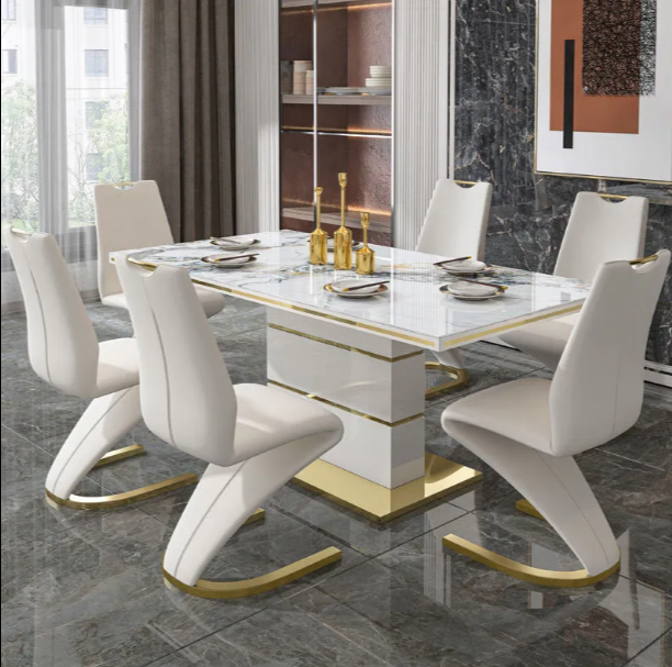 Modern Style Luxury Dining Room Table and 6 Chairs Set with Stone-Marble Top