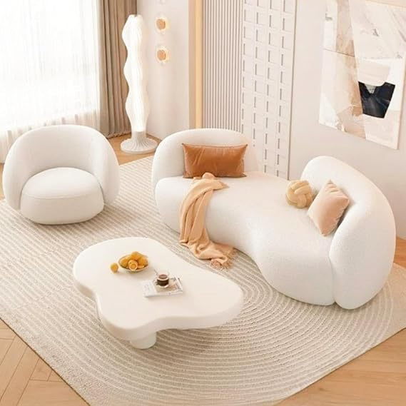 lamb fleece sofa x 1pc & sofa chair x 2pc&Cream-colored tea table x 1pc