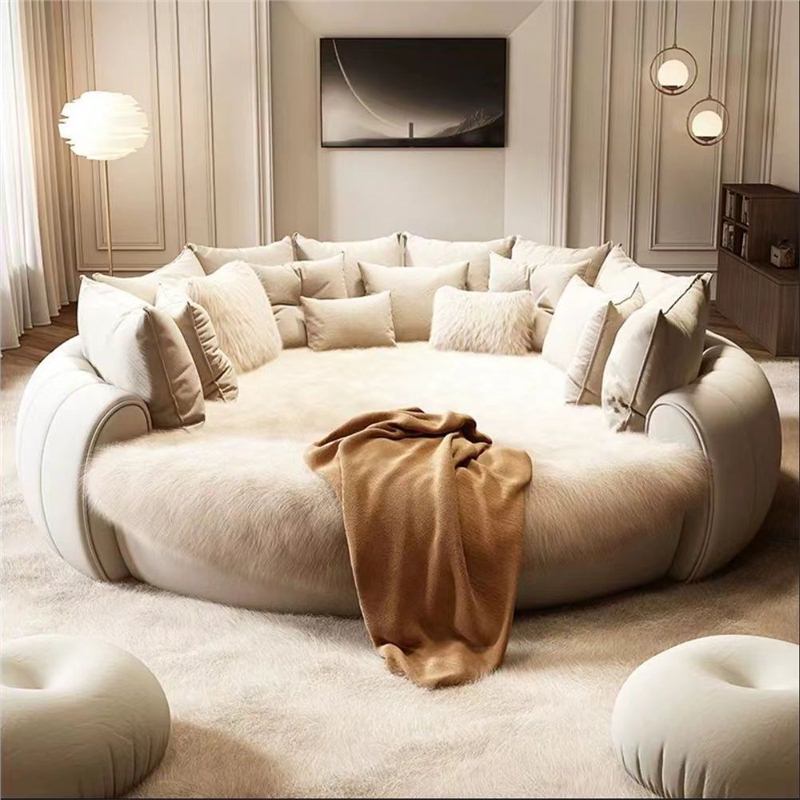 Modern Luxury Round Upholstered Bed Oversized Circle Bed Frame Nordic Genuine Leather Soft Bed for Master Bedroom Furniture