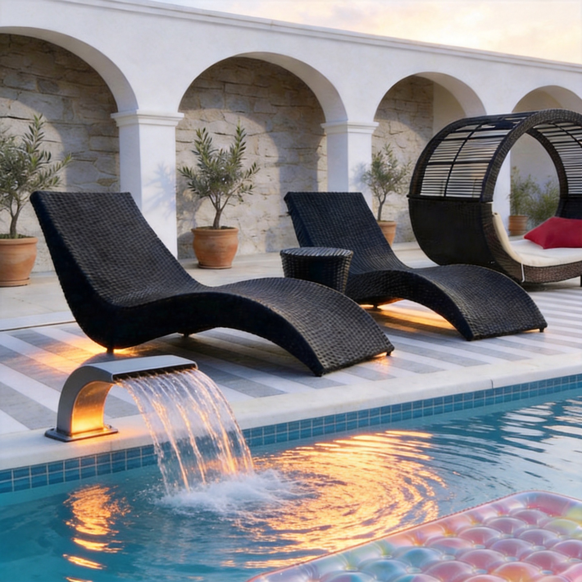 Outdoor Wicker Wave Chaise Lounge Set Dark Gray PE Rattan with Side Table Weather Resistant Poolside Patio Furniture for Beach