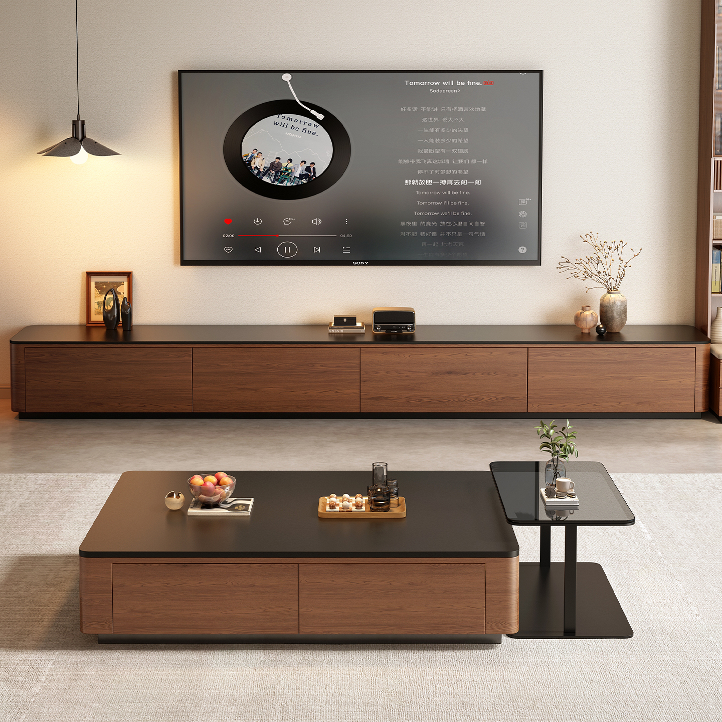 Solid Wood TV Cabinet Coffee Table Combo Mid-Century Style 4 Drawers No Assembly Door-to-Door Installation Living Room Home Use