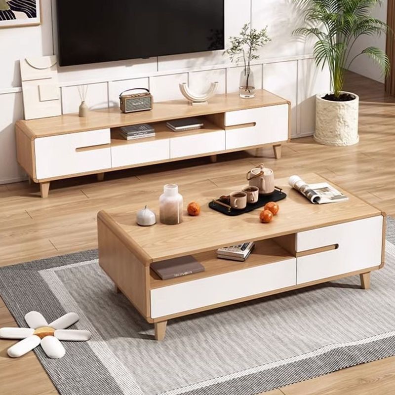 TV Cabinet for Living Room Small Apartment Combination with Tea Table Log Color Rounded Solid Wood Legs