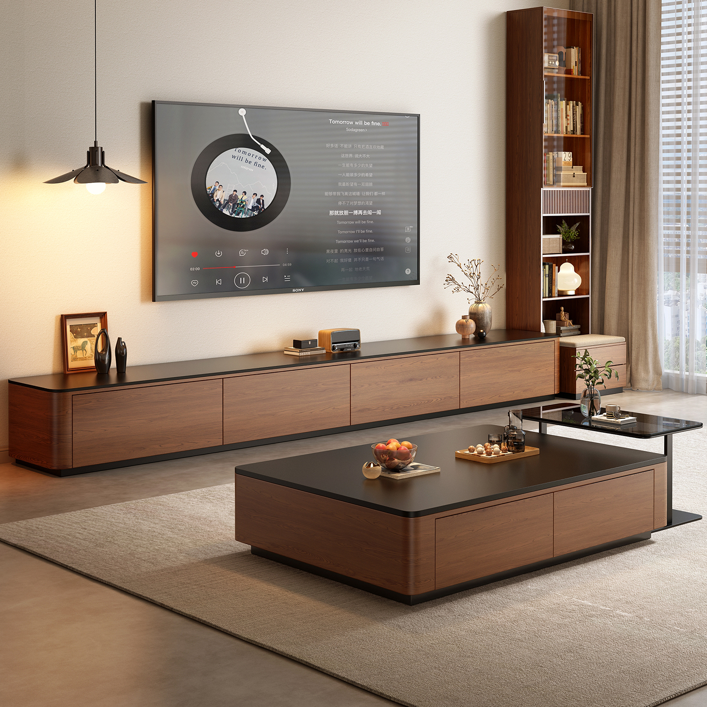 Solid Wood TV Cabinet Coffee Table Combo Mid-Century Style 4 Drawers No Assembly Door-to-Door Installation Living Room Home Use