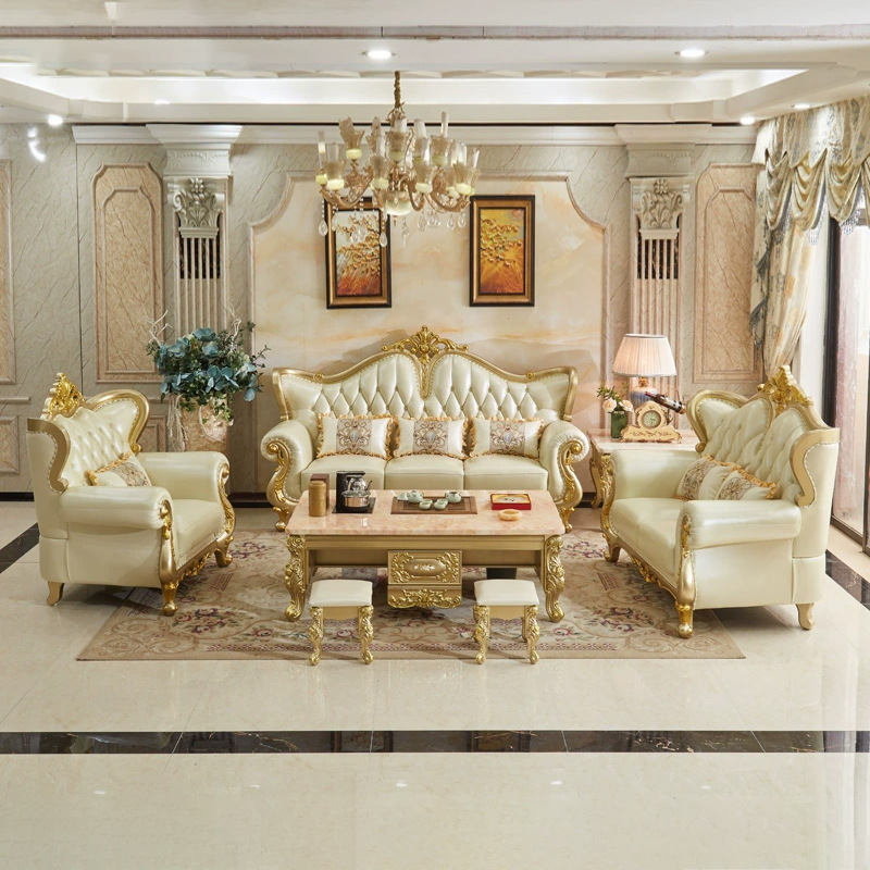 European Luxury Living Room Furniture 1 2 3 Seater Sofa Set French Classic Carved Gold Solid Wooden Frame Genuine Leather Sofa
