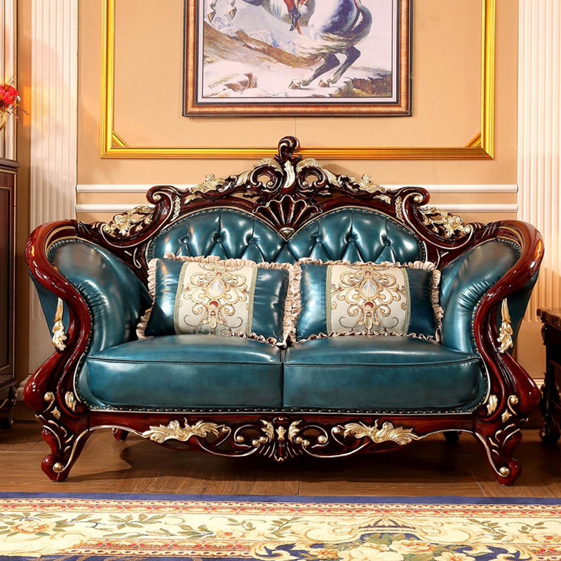 European Style Solid Wood Sofa 123 Combination Solid Wood Double-sided Carving,American Villa Living Room Sofa Combination Set