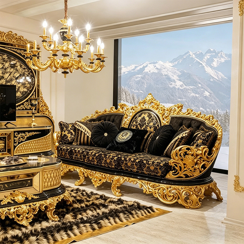 Luxury Royal Black Gold Damask Sofa Set Turkish Classical Woven Lattice Wood Couch for High End Villa Palace Living Room