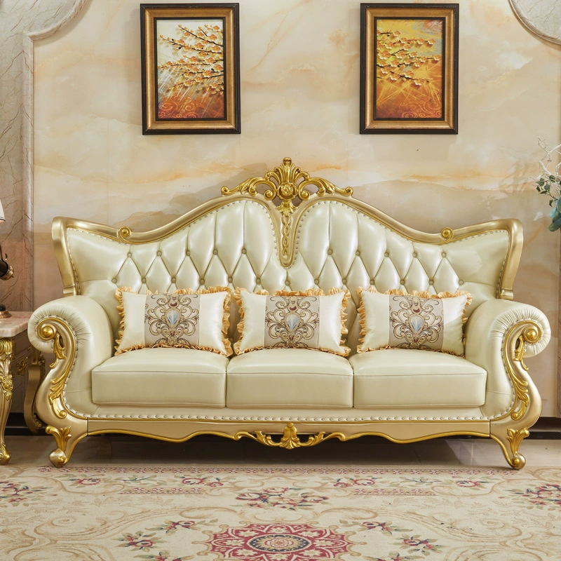European Luxury Living Room Furniture 1 2 3 Seater Sofa Set French Classic Carved Gold Solid Wooden Frame Genuine Leather Sofa