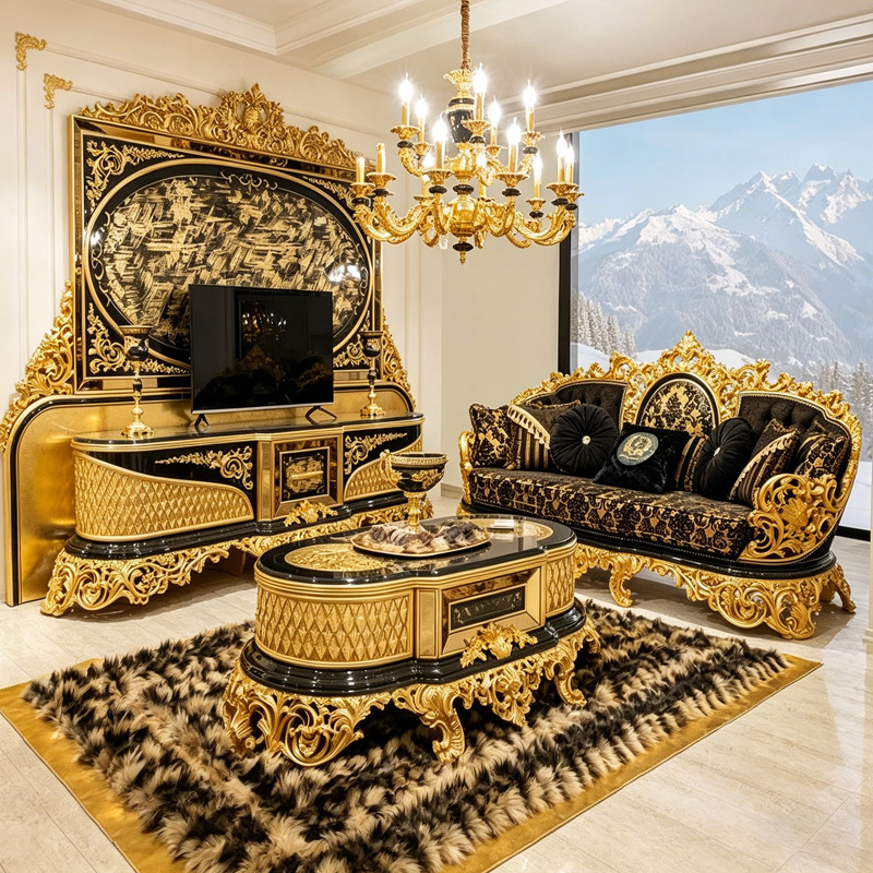 Luxury Royal Black Gold Damask Sofa Set Turkish Classical Woven Lattice Wood Couch for High End Villa Palace Living Room