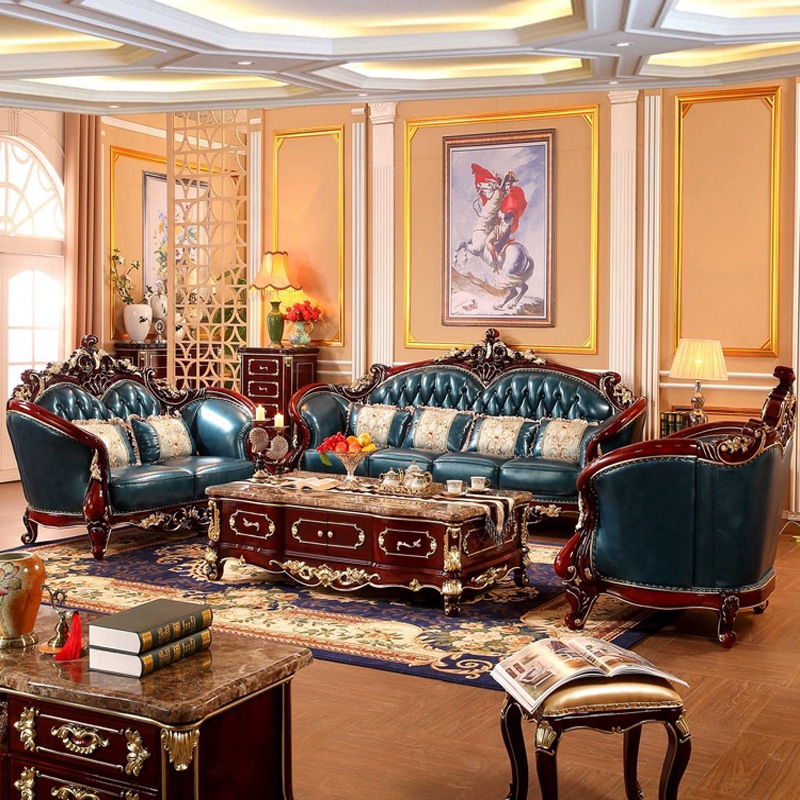 European Style Solid Wood Sofa 123 Combination Solid Wood Double-sided Carving,American Villa Living Room Sofa Combination Set