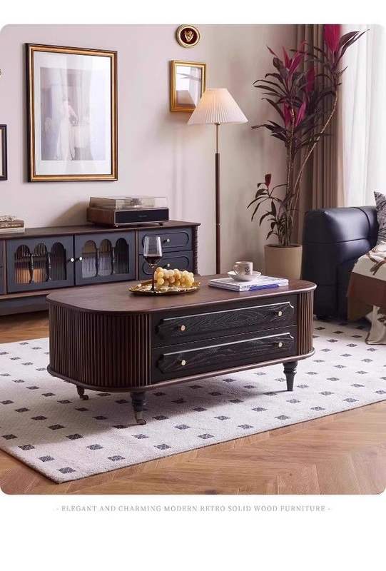 Vintage White Ash Wood Coffee Table with Storage Drawers for Living Room
