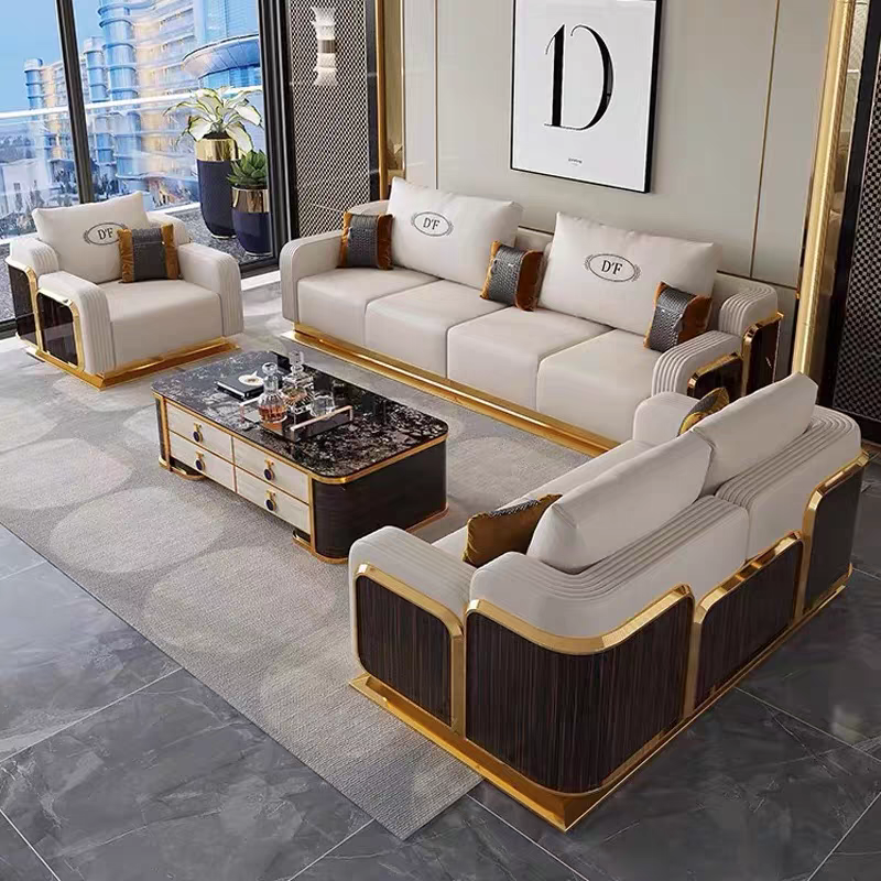 Modern Luxury Genuine Leather Metal Sofa Combination Set