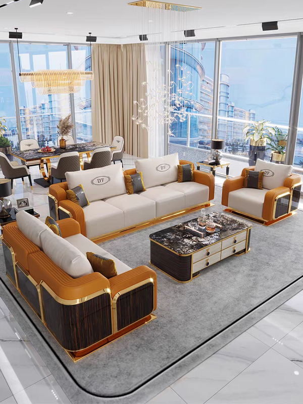 Modern Luxury Genuine Leather Metal Sofa Combination Set