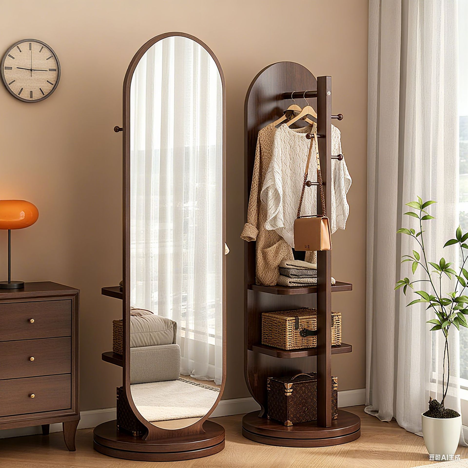 Rotatable & Movable Full-Length Floor Dressing Mirror, Integrated with Clothes Rack & Storage for Bedroom