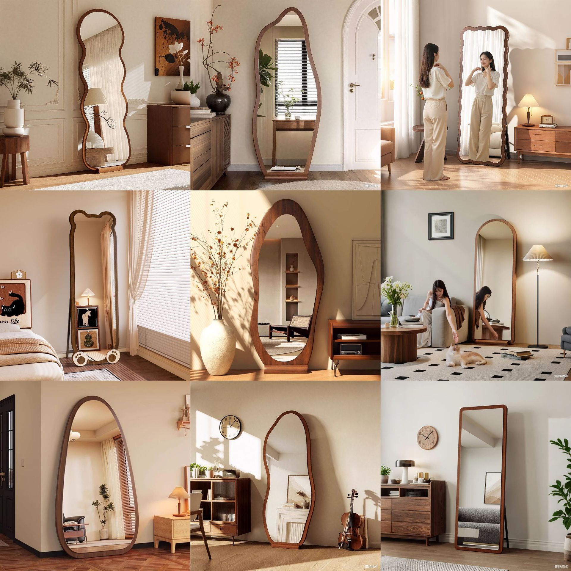 Solid Wood Full-Length Floor Mirror Wall-Mounted Dressing Warp-Resistant Feature Medieval MDF Frame Wall Mirror