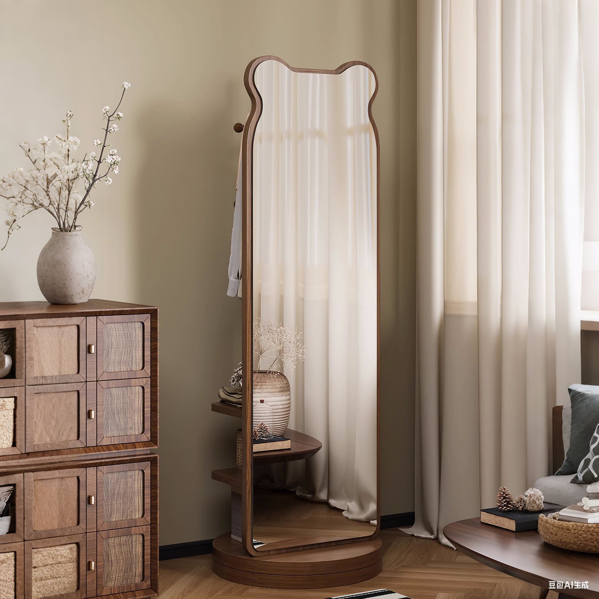 Rotatable & Movable Full-Length Floor Dressing Mirror, Integrated with Clothes Rack & Storage for Bedroom