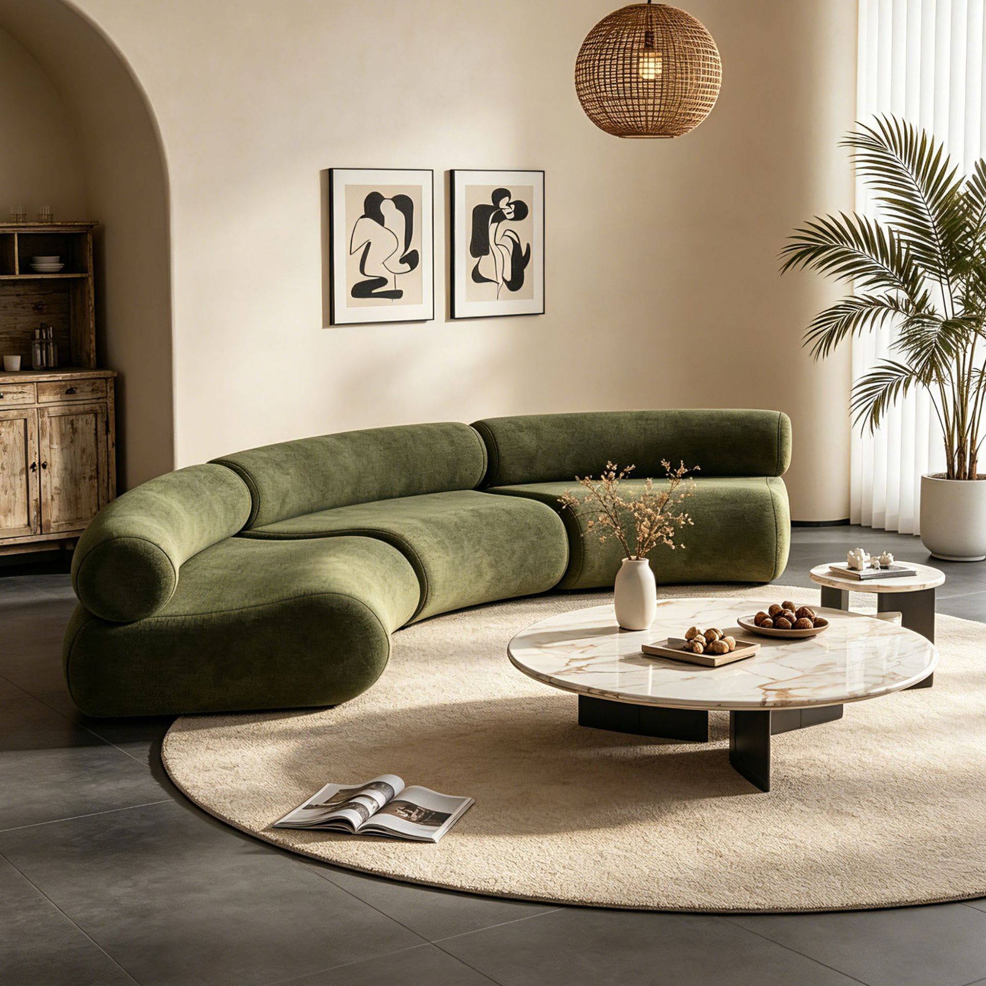 Italian Designer Curved PU Leather Modern Cream Hotel Commercial Sofa Set Small Apartment Villa Bedroom Dining High-Density Foam